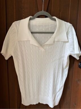 Micoson Cream Cable Knit Short Sleeve Polo Sweater